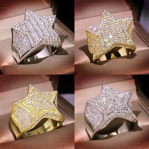 Anello in oro da uomo con pietre ghiacciate, stella a cinque punte, moda, anelli in argento hip-hop, gioielli233D