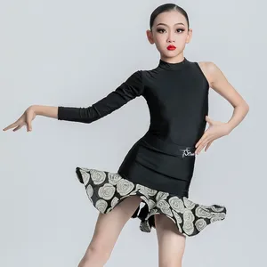 Stage Wear Fashion Black Single Sleeves Latin Dance Dress Children'S Costume Girls Ballroom Competition Dresses SL8056