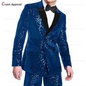 Abiti da uomo lucidi Completi da uomo 2 pezzi Giacca con risvolto in velluto Moda personalizzata Abiti in tessuto con paillettes Abiti da sposo per la festa di nozze Costumi eleganti