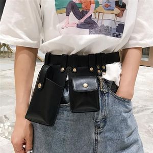 Punkstil Dual Pouch Women Belt Bag Keychain Pu Leather Midjeväskor Fashion Fanny Pack Letter Print Design Stylish286L