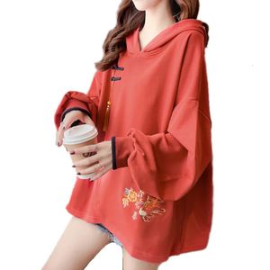 Estilo chinês sorte carpa bordado solto hoodie gota ombro fivela borla moletom com capuz feminino roupas vintage 240223