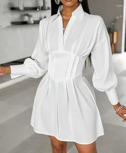 Casual Dresses Womens 2024 Spring Fashion Turn-Down Collar Ruched Plain Long Sleeve Daily Mini Shirt Dress Woman Clothing