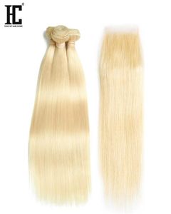 Toppsäljande 613 Blond Human Hair Bundle spetsstängning 8a mink Brasilianska hårbuntar med stängning 3 buntar Silk Straight Peruvian3723721