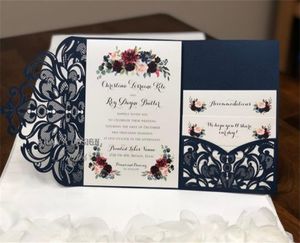 Gorgeous Navy Lace TriFold Laser Cut Wedding Invitations Pocket Wedding invitation Die Cut Laser Cut Shimmer Jacket With RSVP Car7576127