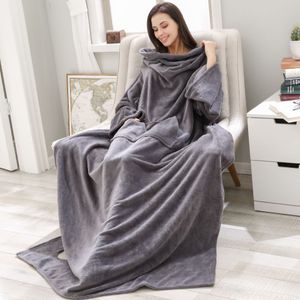 Soft and Warm Long Fleece Blanket with Sleeves Coral Fleece Pocket Blanket Adult Winter Wash Flannel Robe blanket with sleeves286O