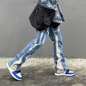 Calças de brim dos homens hip hop flare harajuku streetwear baggy perna larga denim calças cintura elástica moda solta casual queimado jean calças