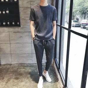 Herrspårar Topp No Logo Pants Set Jogger Male T Shirt Sportkläder för män Gym Sports Suits Gray Tracksuit Kpop Chic in Matching