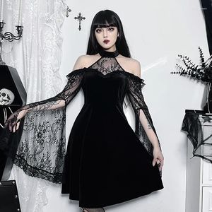 Casual Dresses Fairycore Grunge Vintage Velvet Dress Women Goth Harajuku Streetwear Lace Patchwork Flare Sleeve High Waist Party