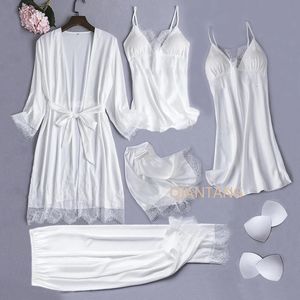 Beyaz ipek pijamalar Set Kadınlar 5 PCS Gelin Düğün Robe Nightgown Seksi Dantel Kemaş Kemezi Kimono Banyıl Elbise İç çamaşırı 240226
