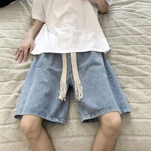 Szerokie nogi workowate dżinsowe szorty mężczyźni Summer Solid Kolor swobodny luźne proste długość kolan 5-punktowe spodnie do sznurka proste krótkie krótkie