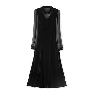 2024 Spring Black Solid Color Panel Dress Long Sleeve V-Neck Long Maxi Casual Dresses W4M014111