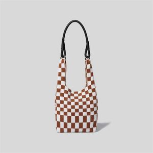 Borse da sera a spalla all'uncinetto scozzese per donna Moda giapponese lavorata a maglia elastici borsa shopper da donna manico in pelle pu inverno femminile To220E