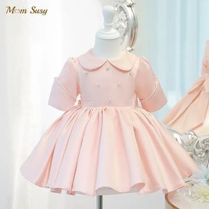 Baby Girl Princess Pearl Beading Dress Half Sleeve Child Vintage Bow Vestido Peter Pan Collar Party Pageant Birthday Frocks 1-7Y 240307