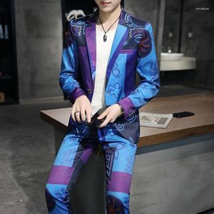 Men's Tracksuits Trend Men Suit Set Fashion Print Blazer Pants Business Formal Turndown Collar Two-piece For Dating