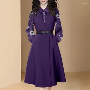 Work Dresses 2024 European Ladies Purple 2 Pcs Dress Suit: Floral Print Women Shirt Tunic Long Vest With Belt Two-piece Set