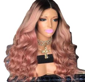Ombre dois tons t1b rosa ondulado laço perucas de cabelo humano cabelo virgem brasileiro 130 densidade nós descorados perucas dianteiras do laço 8817594
