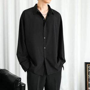 Spring Summer Longsleeved Shirt Mens Loose Harajuku for Men Casual Shirts Solid Color Black Blouses Turn Down Collar 240304