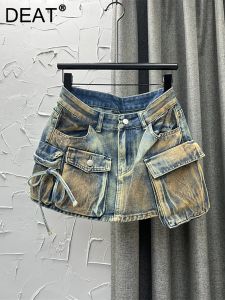 Saia deat saias jeans femininas vários bolsos retalhos lavados rendas carga aline mini saia 2024 primavera nova moda 29l3411