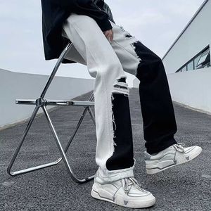 Black and White Patchwork Micro Flared Jeans Mens High Street American Design Sense Mandarin Duck Pants Ruffled Handsome Wide Leg with a Narrow Version on Th