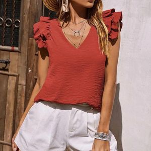 Women's Blouses Ruffles Folds Sleeveless Blouse Woman Clothing 2024 Summer Elegant V-Neck Pullovers Loose Solid Shirts Female And