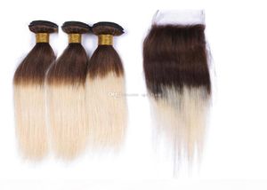 Medium Brown and Blonde 613 Human Hair 3Bundles With Lace Closure Silky Straight 4 613 Hårväv med spetsstängningsbitar 4x6409538