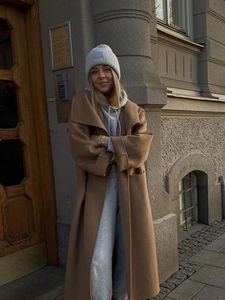 Sólido outono manga longa casaco feminino lã solta casual escritório midi feminino ponto aberto moda inverno bolso divisão rua outwear 240306