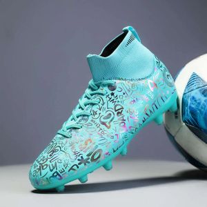 Barns höga topp Ag TF Football Boots Blue Black White Soccer Cleats Youth Kids Training Shoes for Boys Girls