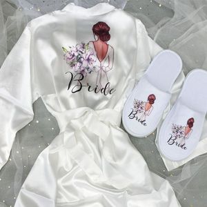 Druck Pos Kimono Satin Braut Robe Nachtwäsche für Brautjungfer Hochzeit Brautparty Party Vorschlag präsentiert245r