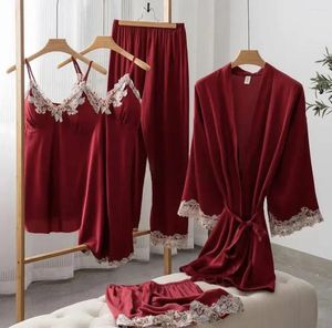 Kadın pijama 5 adet pijama seti yaz kadın saten kimono bantrobe gecelik bahar bayan dantel nightwear cobe elbisesi ev kıyafeti