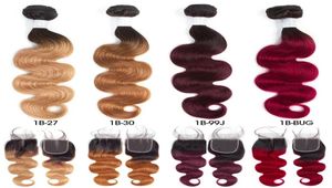 PreColored Raw Indian Hair 3 Bunds med stängning 1B27 OMBRE T1B99J Body Wave Human Hair Weaves Bunds med stängning T1B30 T1B5329336