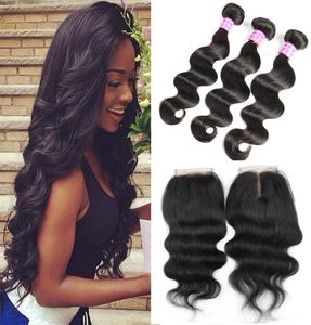 8A Body Wave Virgin Brazilian Hair Bundles with Closure Unprocessed Human Hair Weaves and Middle Part Part Top Lace Closure b3920499