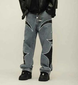 Męskie dżinsy bandyty pu leaher haft patchwork w lupgy y2k kobiety streetwear proste duże dżinsowe spodnie unisex cargo spodnie