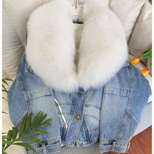 Haining 2023 novo super grande cabelo de raposa destacável denim feminino curto ganso para baixo casaco de pele 157405