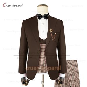 Män kostym uppsättningar bröllop groomsman anpassad mode en knapp blazer pläd västbyxor 3 stycken formella prom eleganta kläder 240306