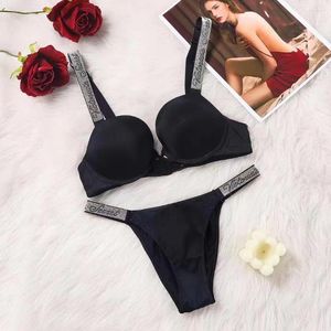 Bras Sets Lace Underwear Women Rhinestone Letter Comfort Push Up Bra Panty 2 Piece Brief Plus Size Pink Sexy Seamless Lingerie Set