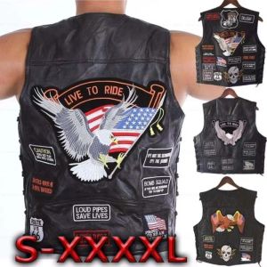 Vests American Motorcycle Riding Waistcoat Leather Vest Men's Leather Vest Single Breasted Vneck Embroidered Badge Multistyle Clip
