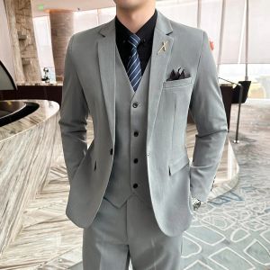 Suits 2024New (Blazer + Vest + Pants) Men's Fashion Business Gentleman Italian Style Solid Color Professional Wedding Best Man Suit