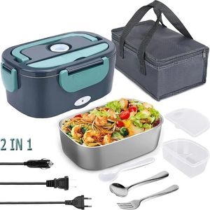 2 em 1 carro casa 12v 24v 110v 220v lancheira elétrica portátil piquenique escola alimentos aquecedor recipiente de aço inoxidável conjunto 240219