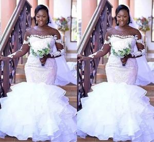 Sexy Afrikanische Meerjungfrau Hochzeit Kleid Plus Größe 2024 Neue Lange Ärmel Spitze Appliques Tüll Perlen Brautkleider Vestidos De Novias