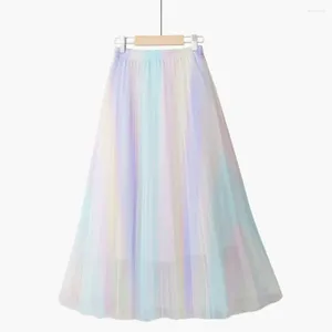 Юбки TingYiLi контрастного цвета, полосатая, сетчатая, плиссированная, длинная юбка, эластичная, с высокой талией, женская, летняя, в корейском стиле, милый женский тюль