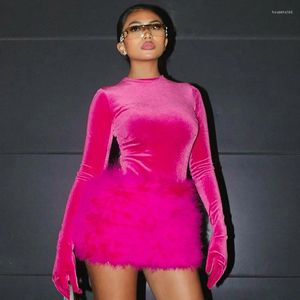 Work Dresses Night Club Pink Long Sleeves Bodysuits Women O-Neck Open Crotch Velvet Slim Playsuits Plush Sexy Mini Skirt Suits High Street