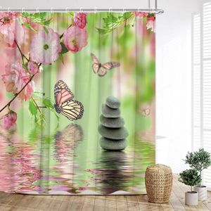 シャワーカーテン花柄のカーテンスプリングウォーターリバーズは蝶の石の石の小石の枝を去る家の浴室の装飾フック付き