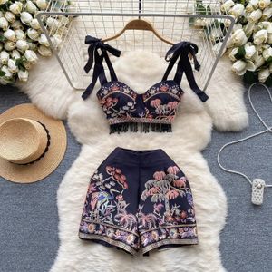 Vestido de duas peças 2024 verão pista férias praia 2 peça conjunto feminino arco espaguete cinta frisado borla copo colheita topos shorts vintage terno