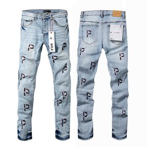 Lila Markenjeans mit besticktem Buchstaben P, amerikanische Jeans mit geradem Bein