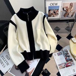 Embroidered double zippered standing neck knitted cardigan for women's autumn coat 2024 new color blocking casual long sleeved sweater top