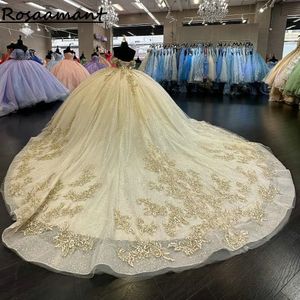 Helles gelbes Illusion-Glitzer-Kristall-Ballkleid Quinceanera-Kleider aus der Schulter, Applikationen, Spitze, Korsett, Vestidos de 15 Jahre