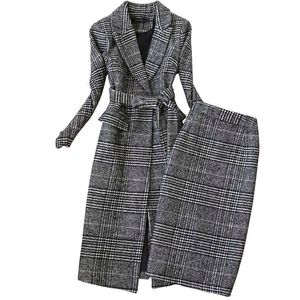 Karierten Anzug Frauen Herbst Winter Lange Woll Blazer Rock Set Temperament Tweed Graben Zwei Stück Damen Outfit f1834 240226