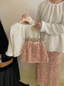 Süße Mädchen bling pailletten rosa röcke kinder runde kragen plüsch langarm pullover 2024 frühling kinder prinzessin kleidung Z7073