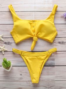 Комплект сексуального однотонного желто-белого бикини 2022 женский купальник-стринги с эффектом пуш-ап пляжный купальный костюм с завязками спереди микро-купальник Maillot De Bain