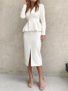 Elegant Blazer Skirt Set Women Autumn Fashion Ruffles Slit Solid Long Sleeve Jacket Tops Casual Office Lady Skirts 240226